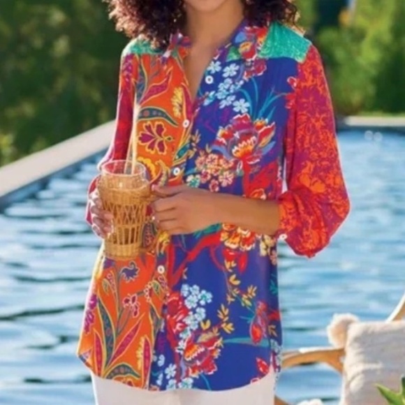 Soft Surroundings Hermosa Floral Patchwork Embroidered Button Down Blouse XL - Picture 1 of 5